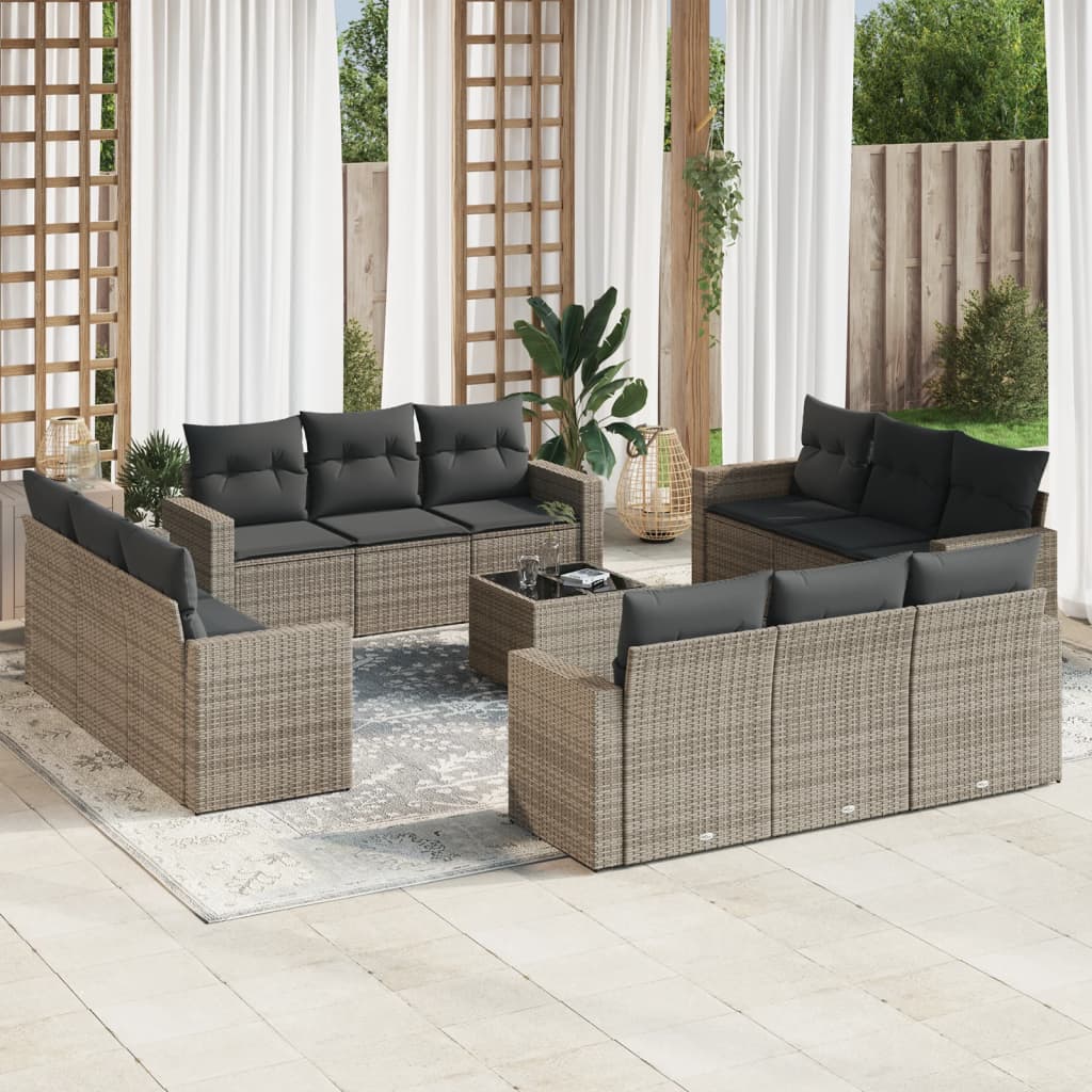 13-tlg. Garten-Sofagarnitur mit Kissen Grau Poly Rattan