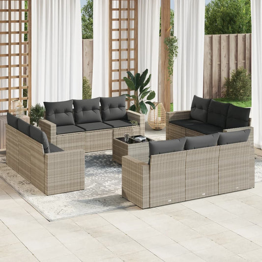 13-tlg. Garten-Sofagarnitur mit Kissen Hellgrau Poly Rattan