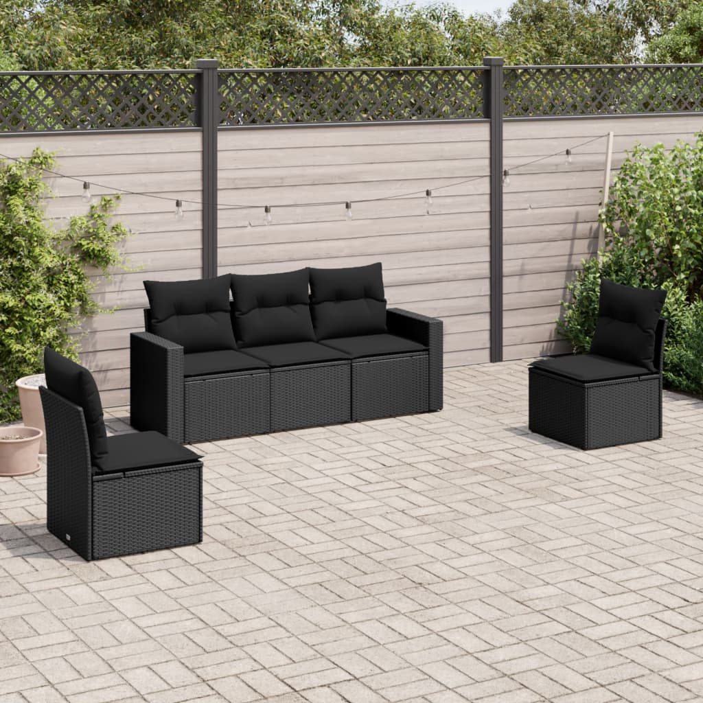 5-tlg. Garten-Sofagarnitur mit Kissen Schwarz Poly Rattan