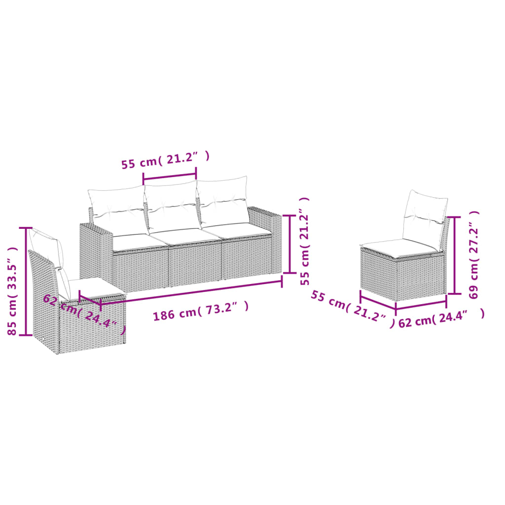 5-tlg. Garten-Sofagarnitur mit Kissen Schwarz Poly Rattan