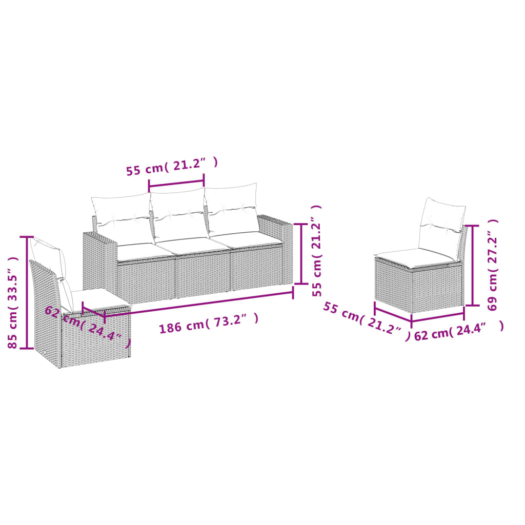 5-tlg. Garten-Sofagarnitur mit Kissen Hellgrau Poly Rattan