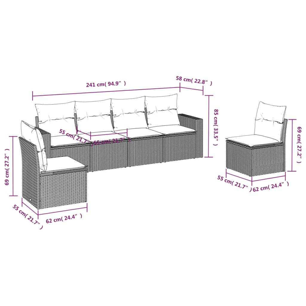 6-tlg. Garten-Sofagarnitur mit Kissen Grau Poly Rattan