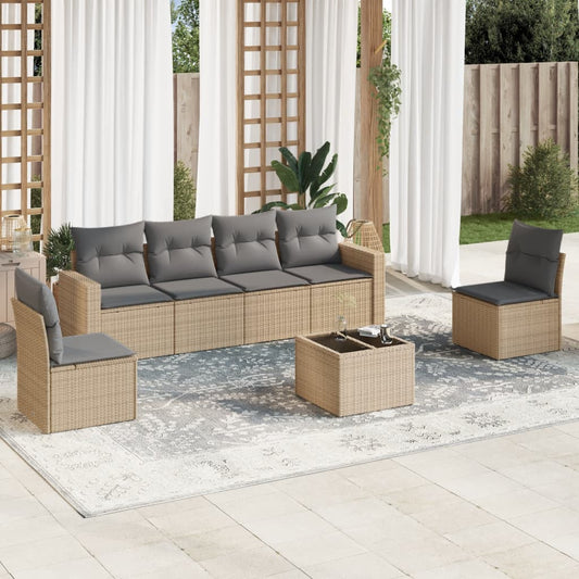 7-tlg. Garten-Sofagarnitur mit Kissen Beige Poly Rattan