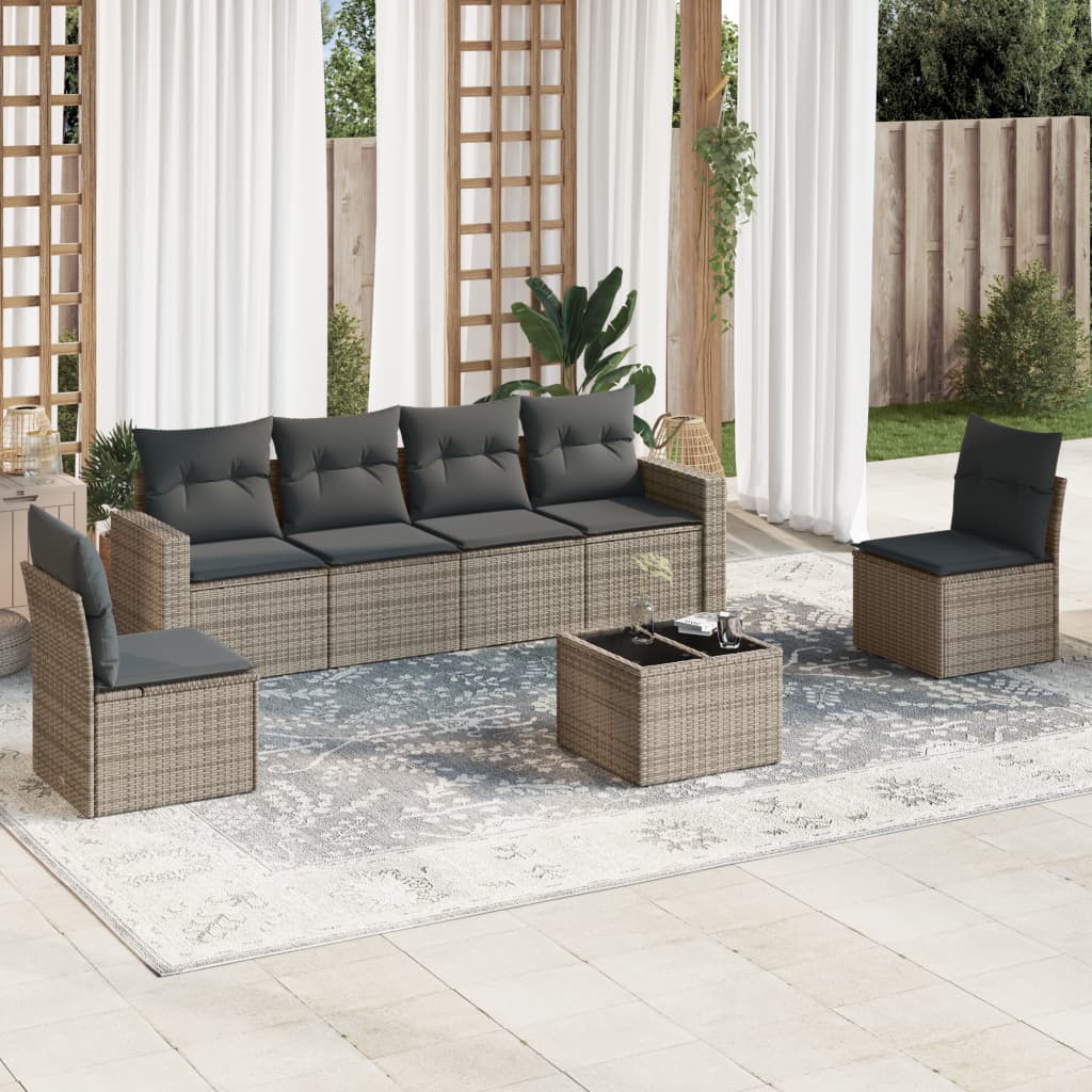 7-tlg. Garten-Sofagarnitur mit Kissen Grau Poly Rattan