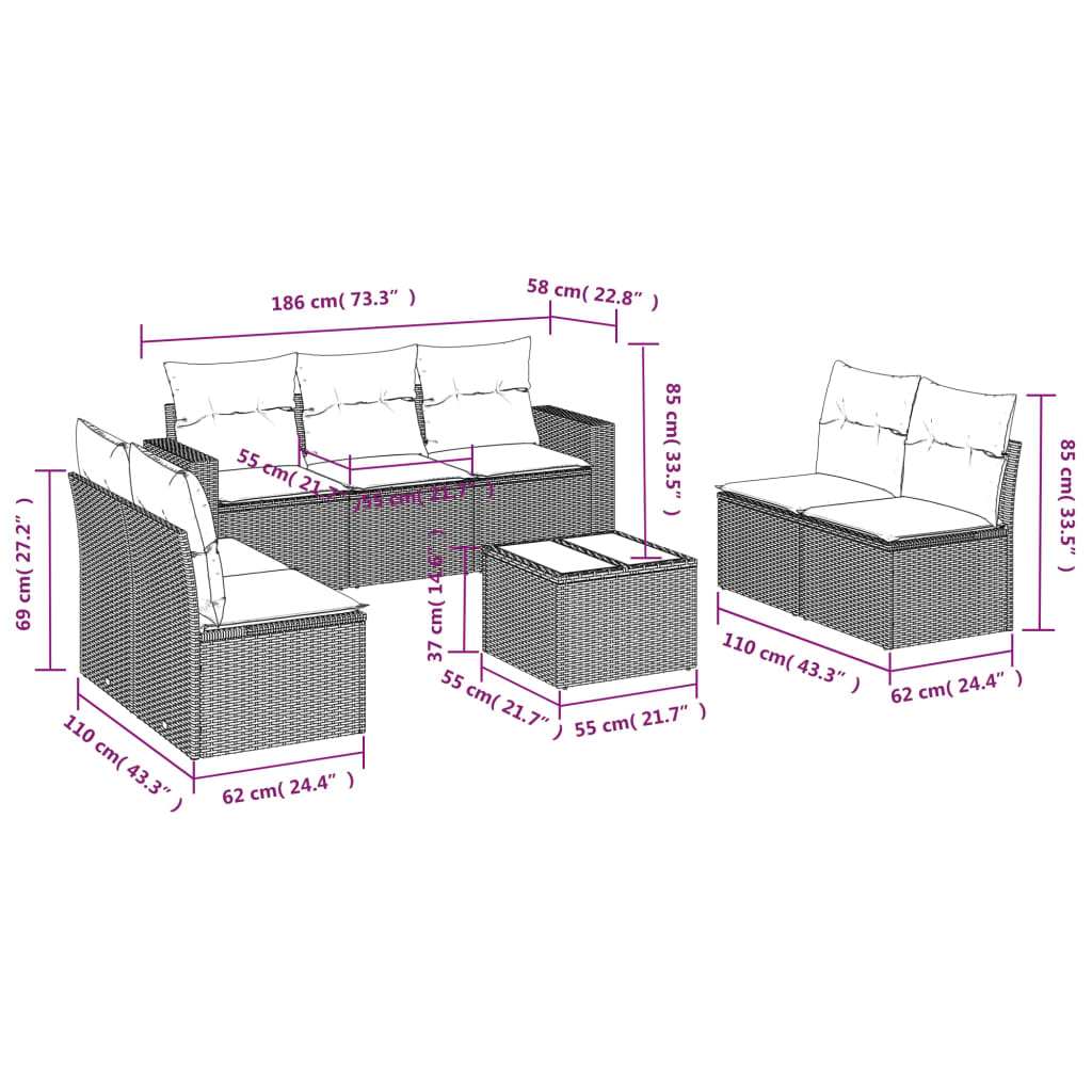 8-tlg. Garten-Sofagarnitur mit Kissen Schwarz Poly Rattan