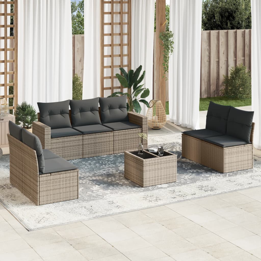 8-tlg. Garten-Sofagarnitur mit Kissen Grau Poly Rattan