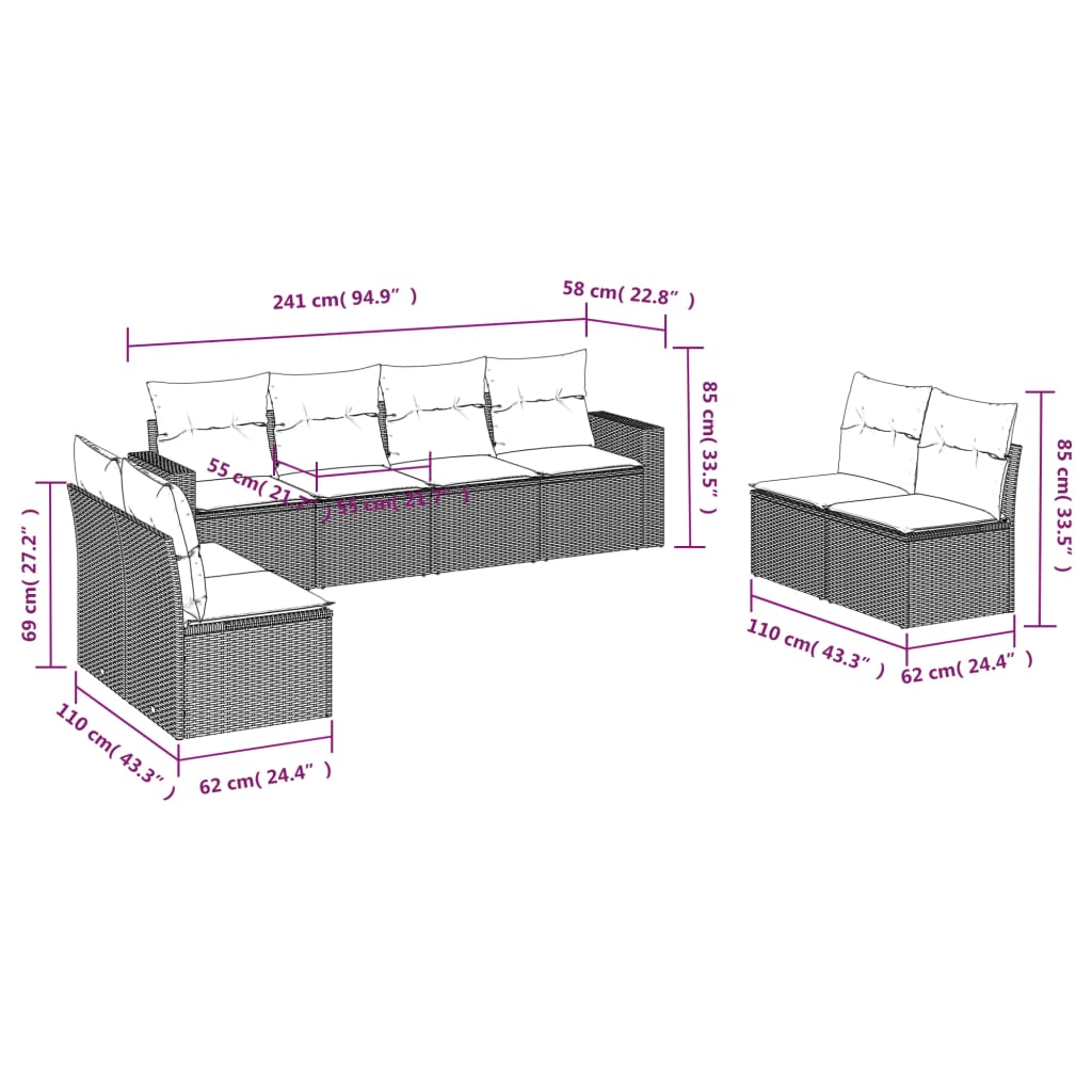 8-tlg. Garten-Sofagarnitur mit Kissen Schwarz Poly Rattan