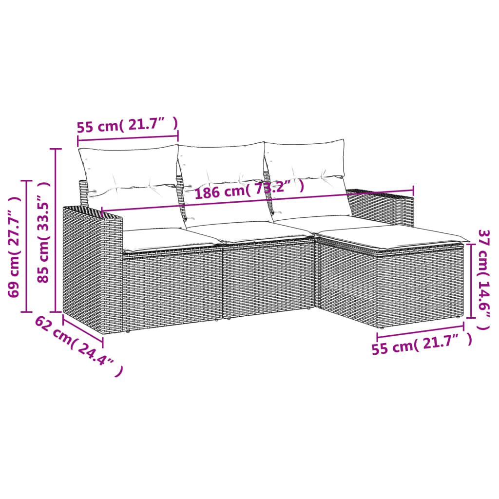 4-tlg. Garten-Sofagarnitur mit Kissen Grau Poly Rattan