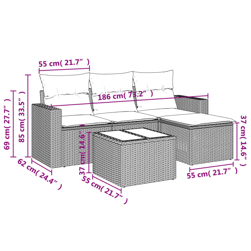 5-tlg. Garten-Sofagarnitur mit Kissen Beige Poly Rattan