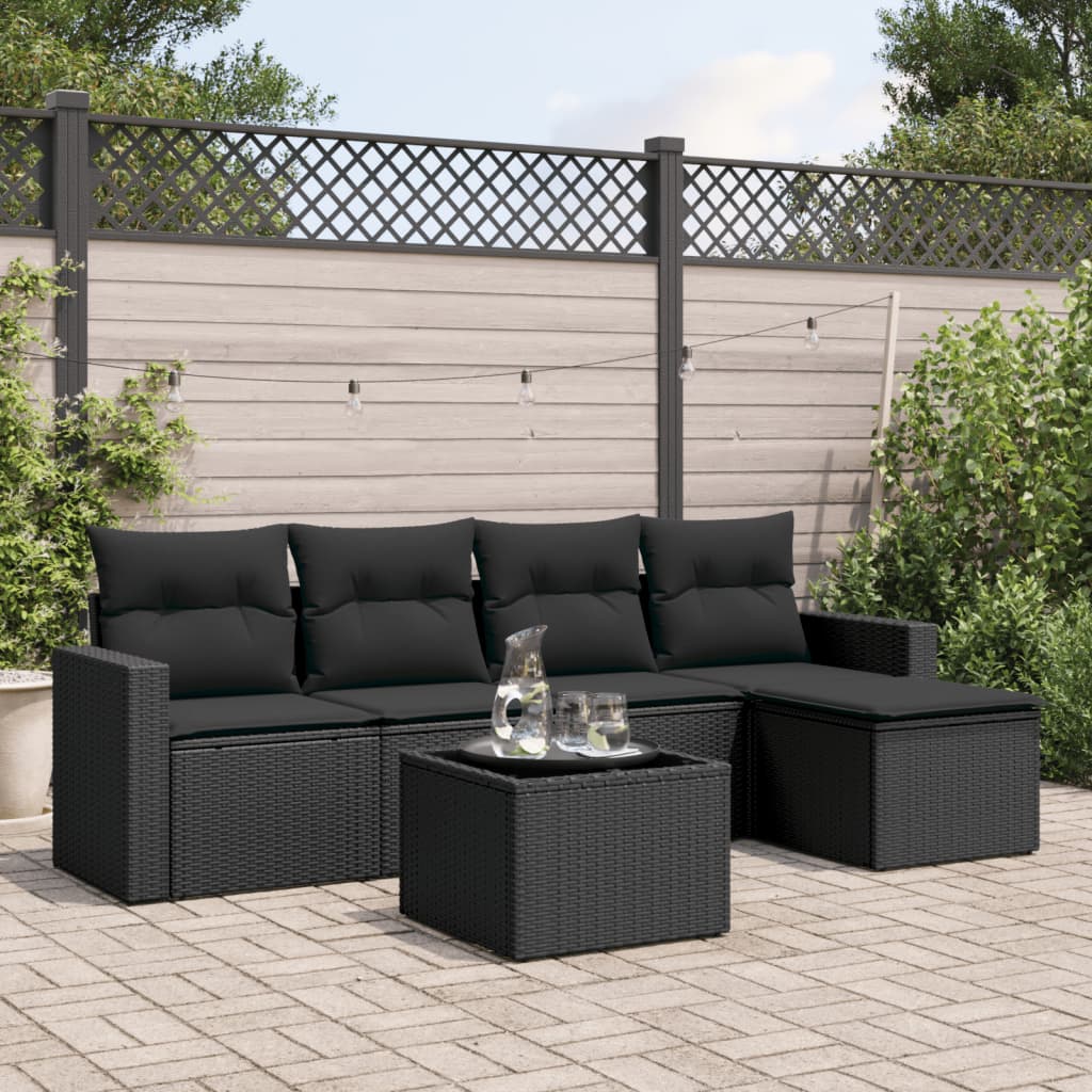 6-tlg. Garten-Sofagarnitur mit Kissen Schwarz Poly Rattan