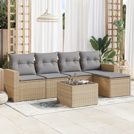 6-tlg. Garten-Sofagarnitur mit Kissen Beige Poly Rattan