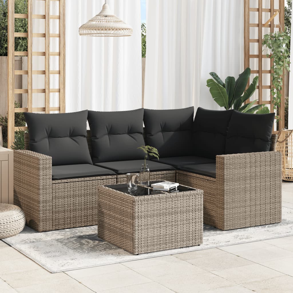 5-tlg. Garten-Sofagarnitur mit Kissen Grau Poly Rattan