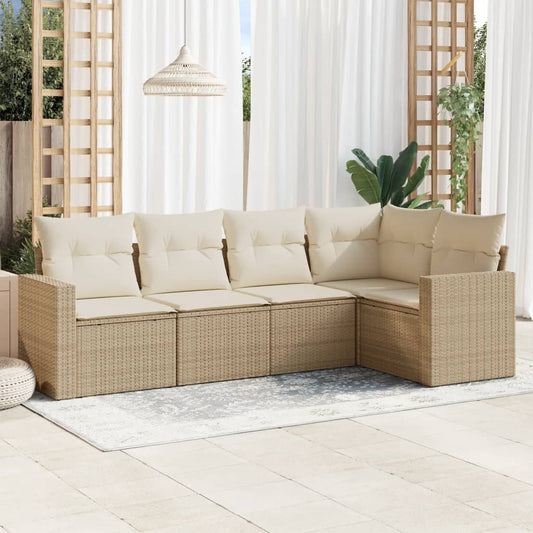 5-tlg. Garten-Sofagarnitur mit Kissen Beige Poly Rattan