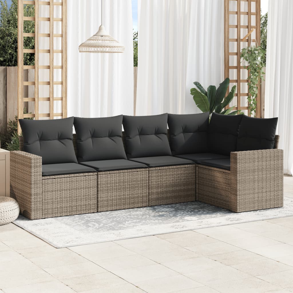 5-tlg. Garten-Sofagarnitur mit Kissen Grau Poly Rattan