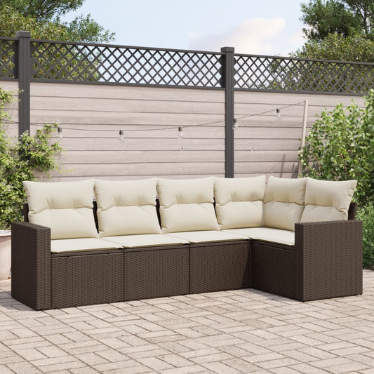 5-tlg. Garten-Sofagarnitur mit Kissen Braun Poly Rattan