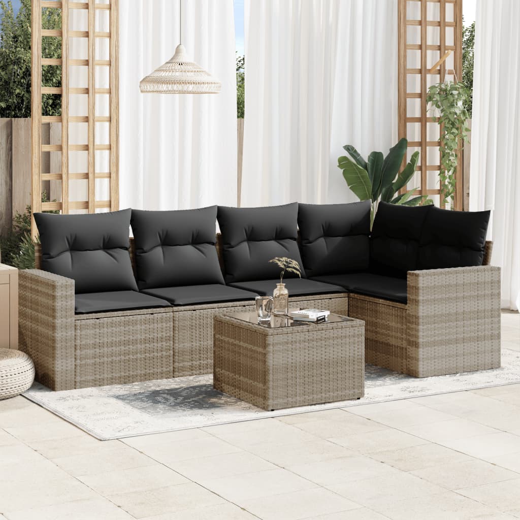 6-tlg. Garten-Sofagarnitur mit Kissen Hellgrau Poly Rattan