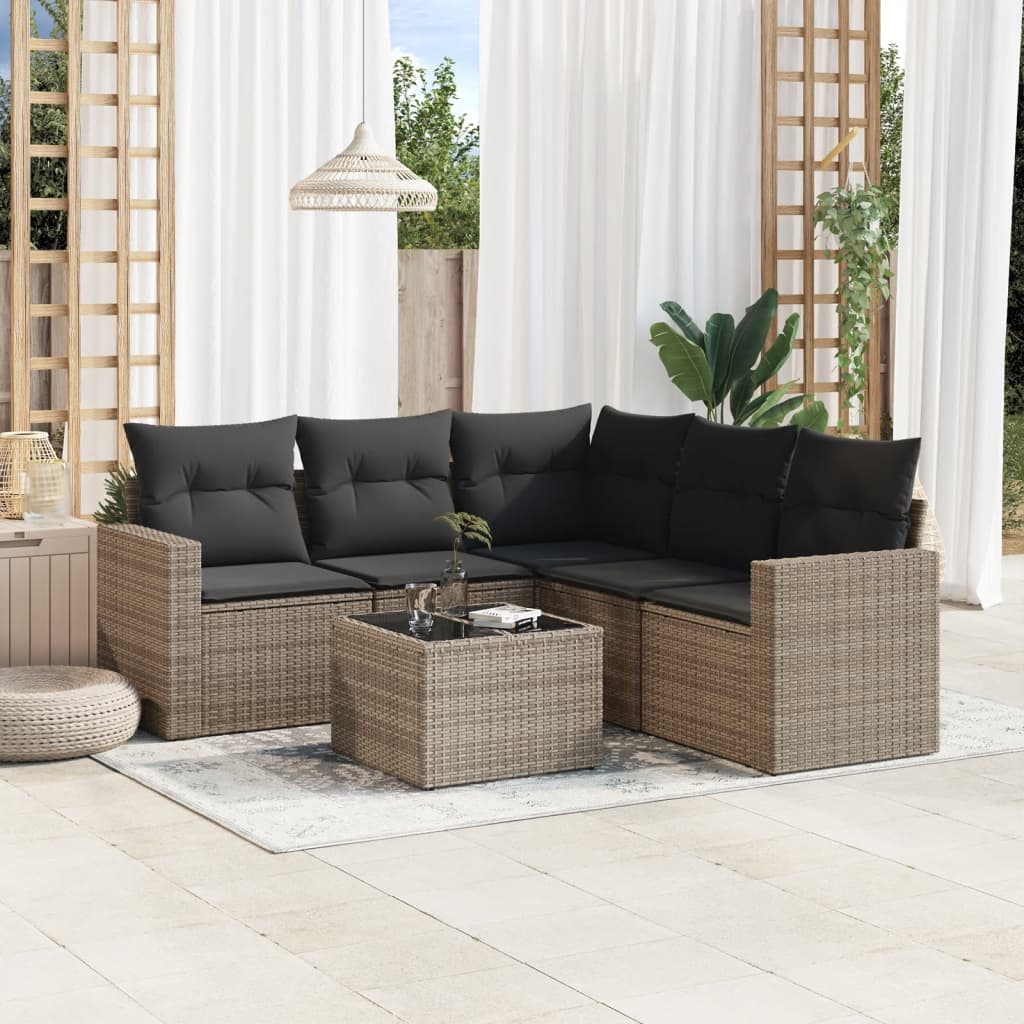 6-tlg. Garten-Sofagarnitur mit Kissen Grau Poly Rattan