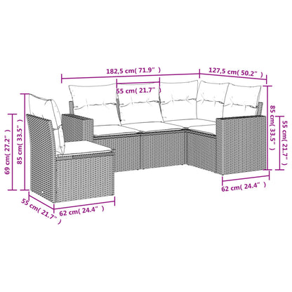 5-tlg. Garten-Sofagarnitur mit Kissen Braun Poly Rattan