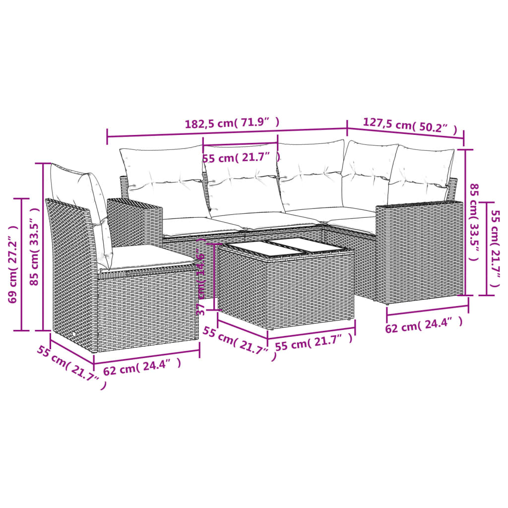 6-tlg. Garten-Sofagarnitur mit Kissen Hellgrau Poly Rattan