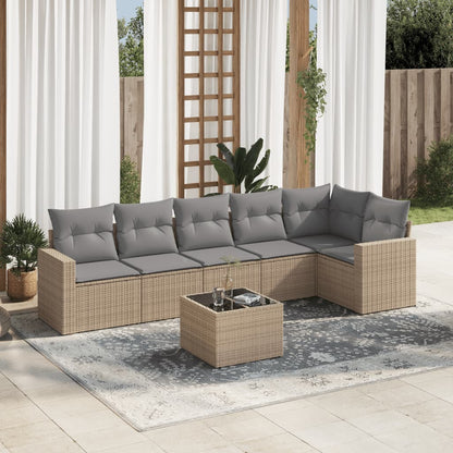 7-tlg. Garten-Sofagarnitur mit Kissen Beige Poly Rattan