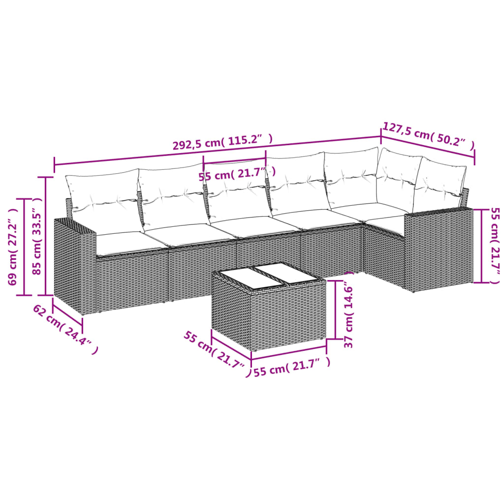 7-tlg. Garten-Sofagarnitur mit Kissen Hellgrau Poly Rattan