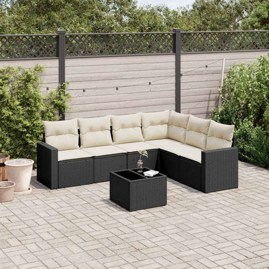 7-tlg. Garten-Sofagarnitur mit Kissen Schwarz Poly Rattan