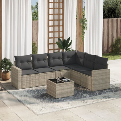 7-tlg. Garten-Sofagarnitur mit Kissen Hellgrau Poly Rattan