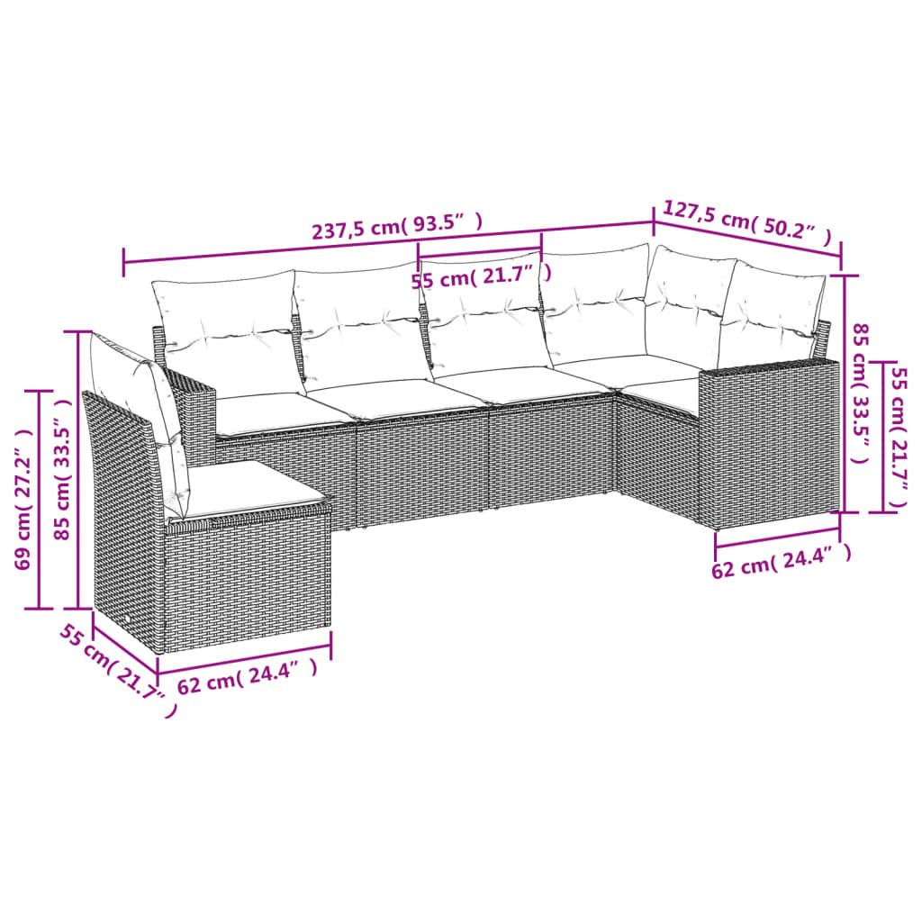 6-tlg. Garten-Sofagarnitur mit Kissen Beige Poly Rattan