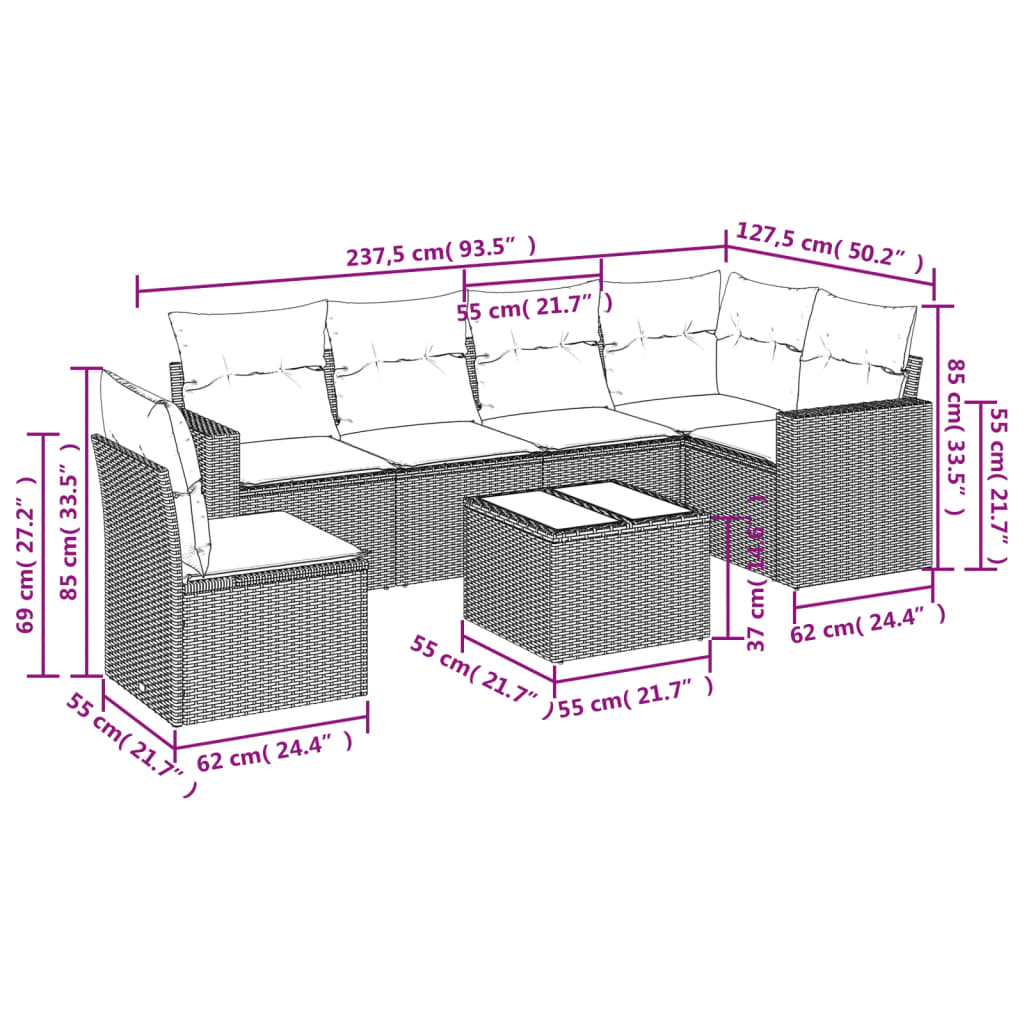 7-tlg. Garten-Sofagarnitur mit Kissen Schwarz Poly Rattan