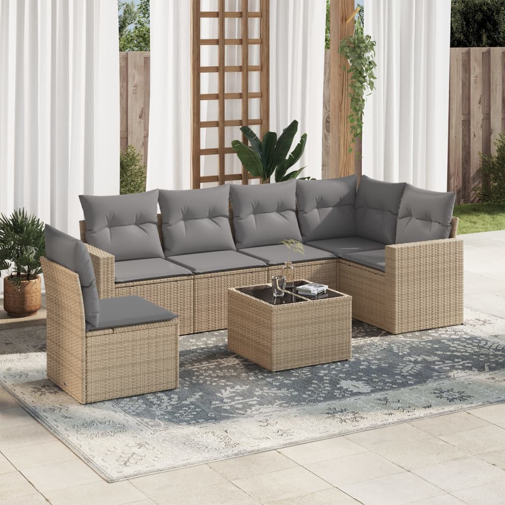 7-tlg. Garten-Sofagarnitur mit Kissen Beige Poly Rattan