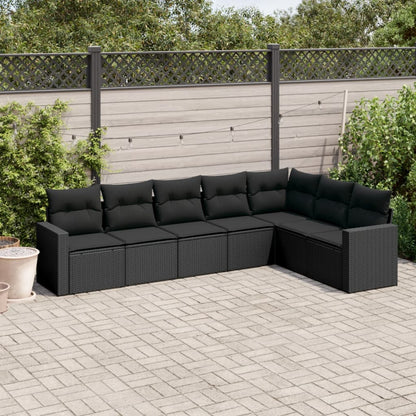 7-tlg. Garten-Sofagarnitur mit Kissen Schwarz Poly Rattan