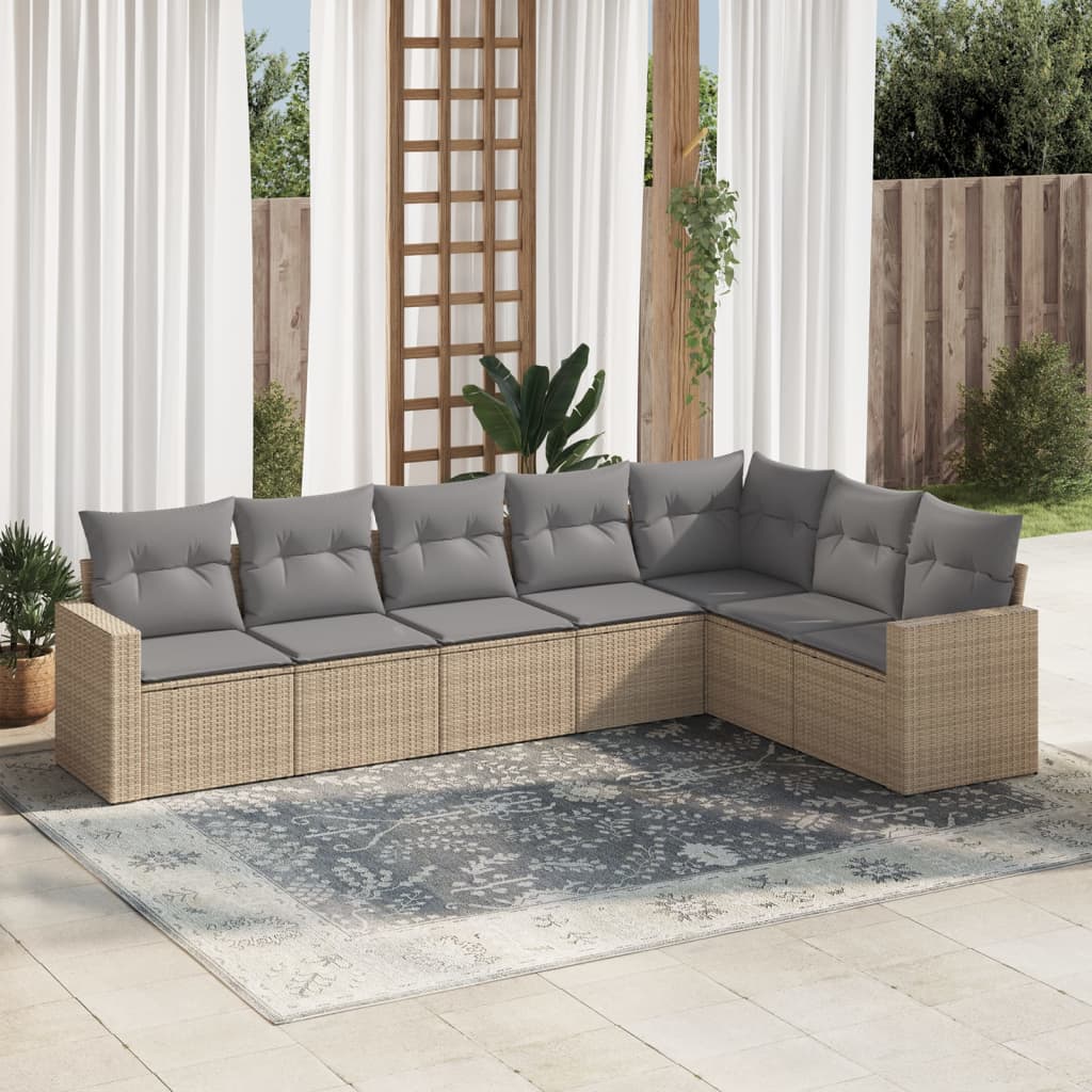 7-tlg. Garten-Sofagarnitur mit Kissen Beige Poly Rattan