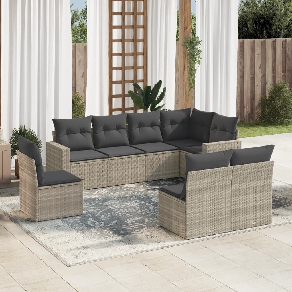 8-tlg. Garten-Sofagarnitur mit Kissen Hellgrau Poly Rattan