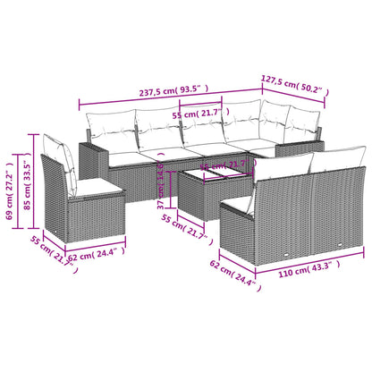 9-tlg. Garten-Sofagarnitur mit Kissen Schwarz Poly Rattan