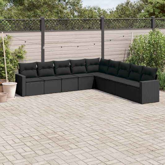 9-tlg. Garten-Sofagarnitur mit Kissen Schwarz Poly Rattan