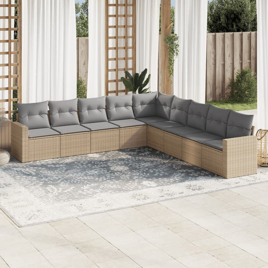 9-tlg. Garten-Sofagarnitur mit Kissen Beige Poly Rattan