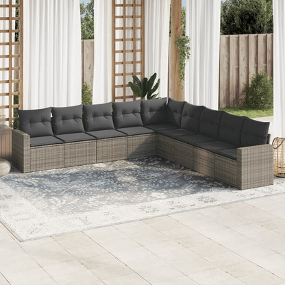 9-tlg. Garten-Sofagarnitur mit Kissen Grau Poly Rattan