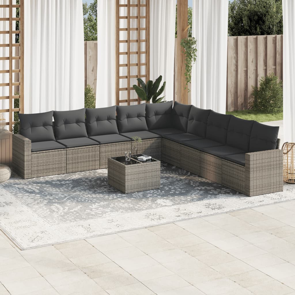 10-tlg. Garten-Sofagarnitur mit Kissen Grau Poly Rattan