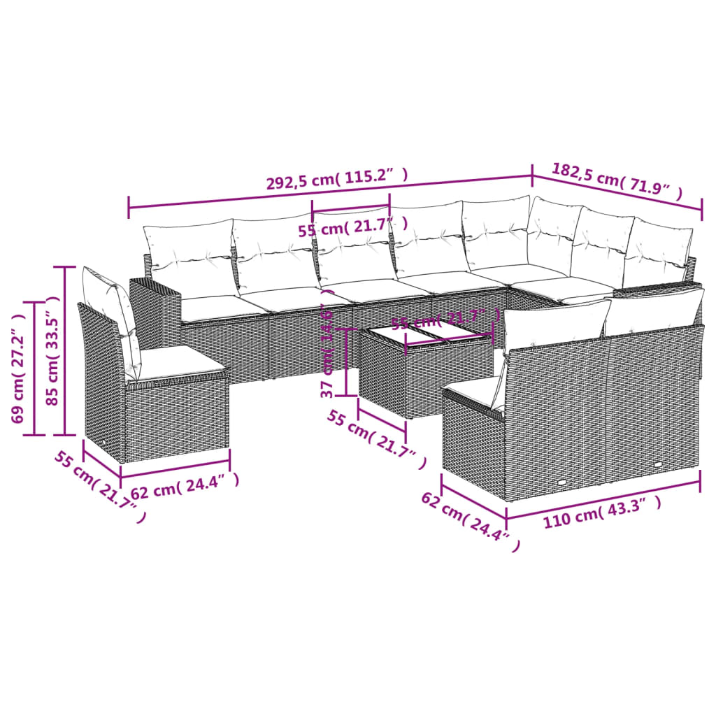 11-tlg. Garten-Sofagarnitur mit Kissen Schwarz Poly Rattan