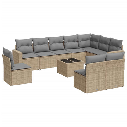 11-tlg. Garten-Sofagarnitur mit Kissen Beige Poly Rattan