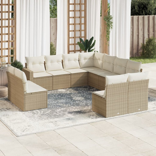 11-tlg. Garten-Sofagarnitur mit Kissen Beige Poly Rattan