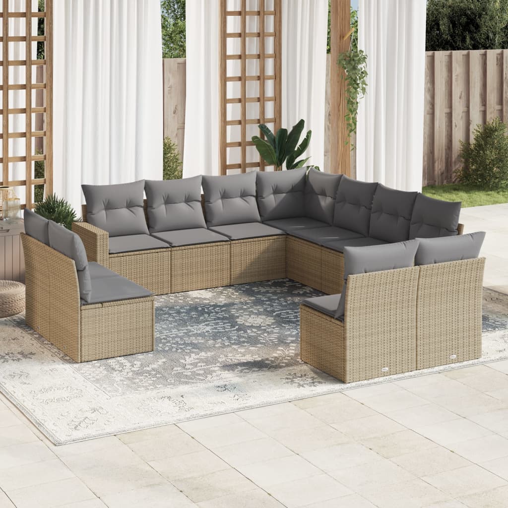 11-tlg. Garten-Sofagarnitur mit Kissen Beige Poly Rattan