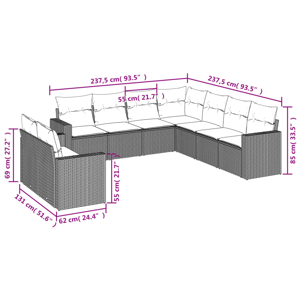 9-tlg. Garten-Sofagarnitur mit Kissen Grau Poly Rattan