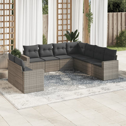 9-tlg. Garten-Sofagarnitur mit Kissen Grau Poly Rattan