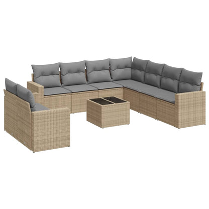 10-tlg. Garten-Sofagarnitur mit Kissen Beige Poly Rattan