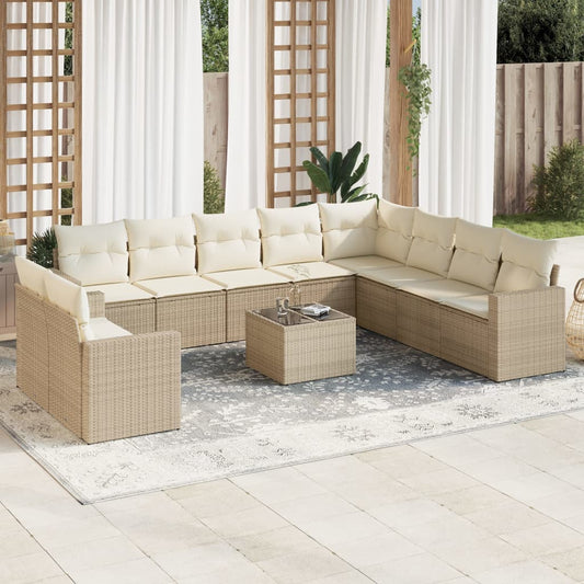 11-tlg. Garten-Sofagarnitur mit Kissen Beige Poly Rattan