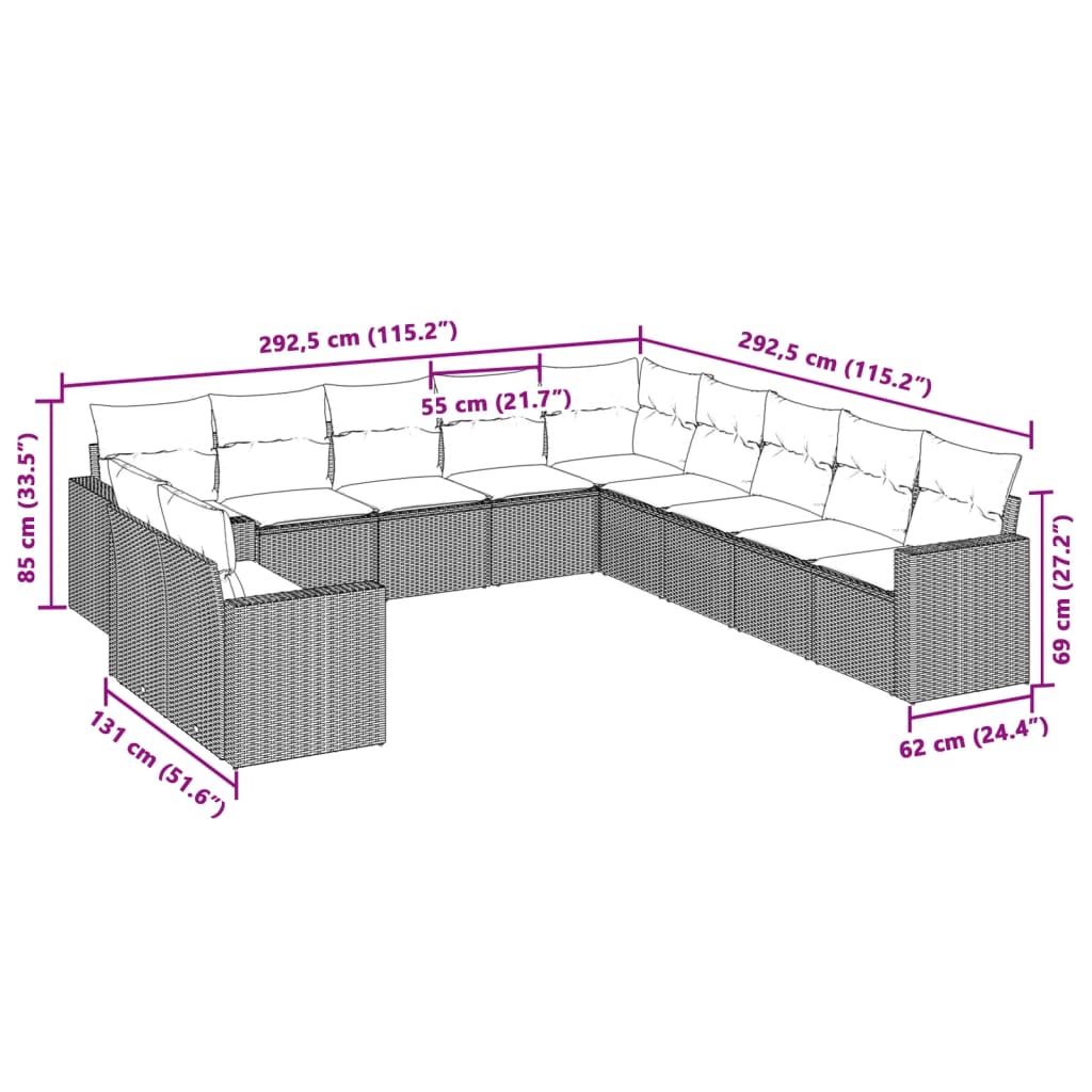 11-tlg. Garten-Sofagarnitur mit Kissen Hellgrau Poly Rattan