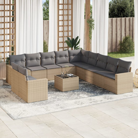 12-tlg. Garten-Sofagarnitur mit Kissen Beige Poly Rattan