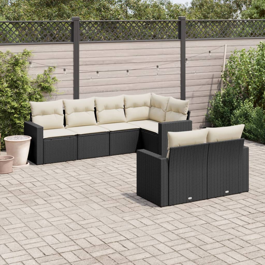 7-tlg. Garten-Sofagarnitur mit Kissen Schwarz Poly Rattan