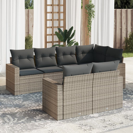 7-tlg. Garten-Sofagarnitur mit Kissen Grau Poly Rattan